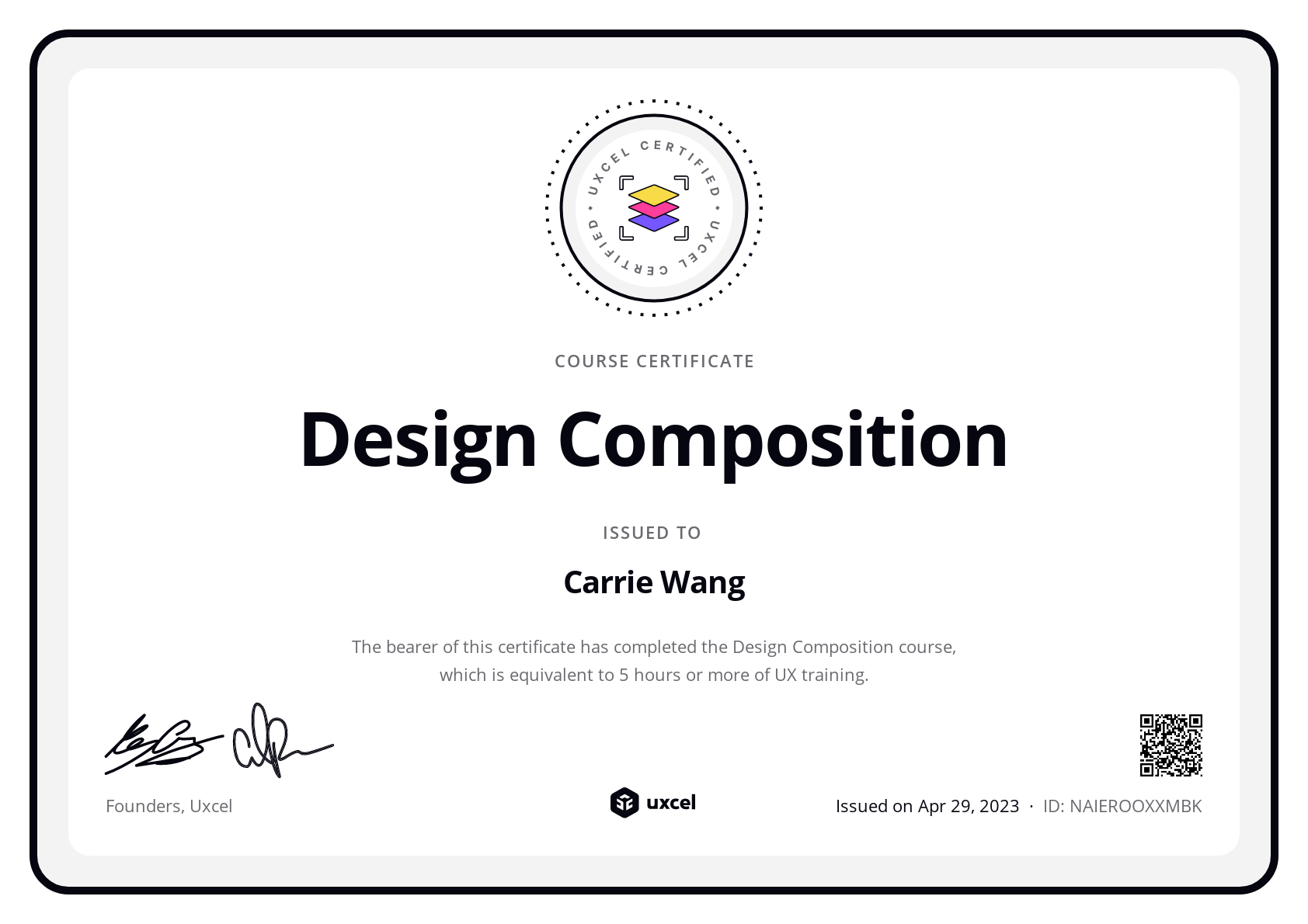 Carrie Wang's certificate